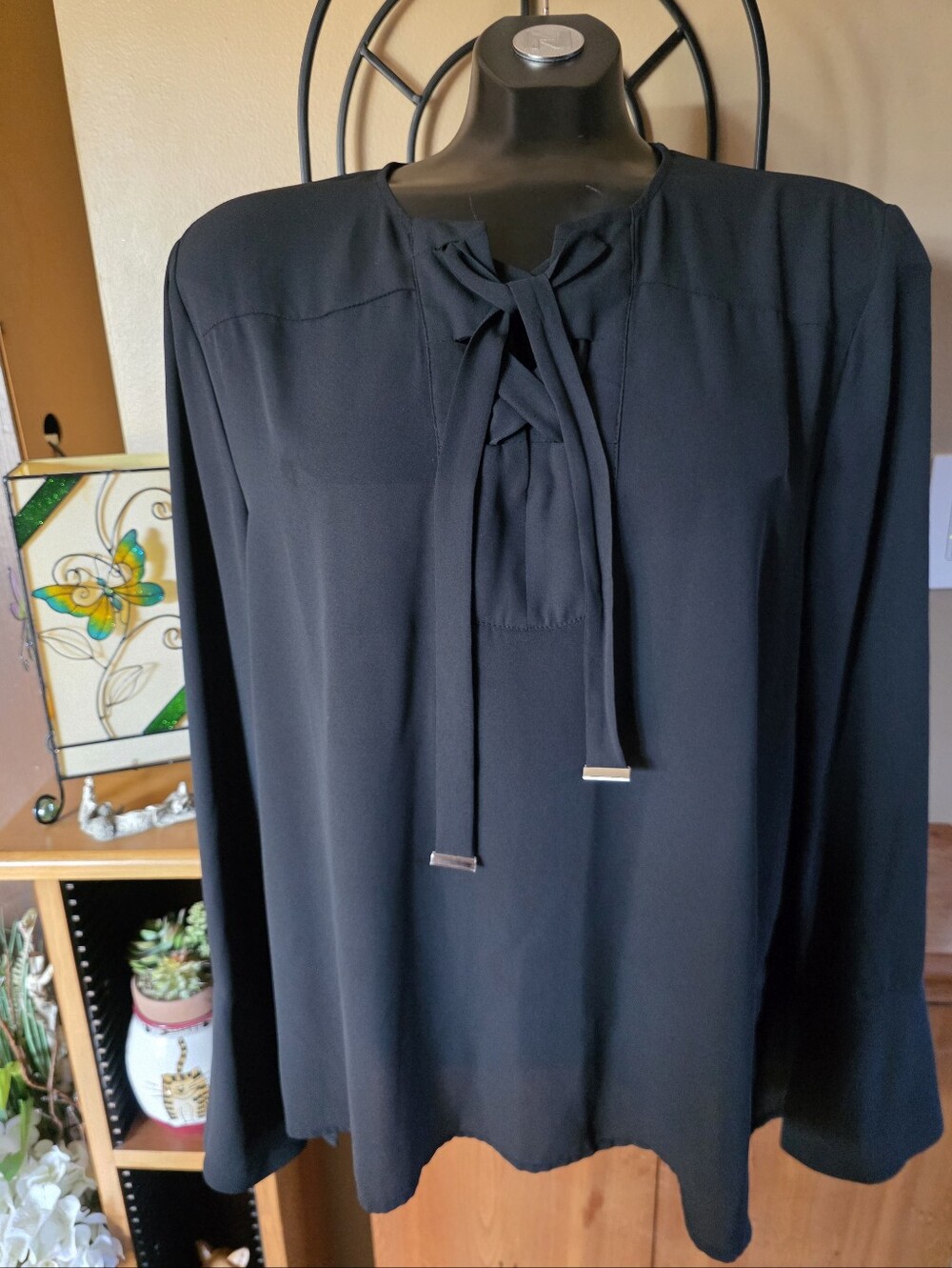 ALFRED SUNG Black Criss-Cross Tie-Neck Long Trumpet Sleeve Blouse Size XL